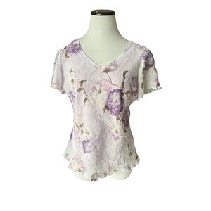 Vintage Y2K Foral Crinkle Chiffon Top Size 12 Petite Lavender Coquette Fairycore